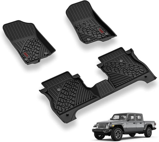 3W Floor Mats Compatible for Jeep Gladiator 2020-2024 2025, Custom Fit TPE All Floor Liner for Weather Jeep Gladiator,1st & 2nd Row Full Set Car Liners with Red Logo,Black