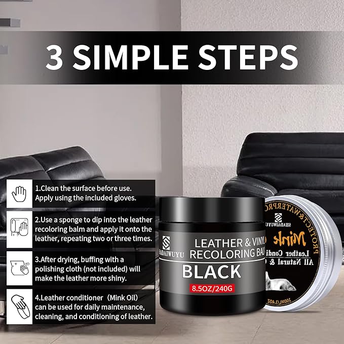 8.5oz Leather Recoloring Balm with 100ml Mink Oil,Black Leather Repair kit for Furniture and Car Interior,Leather Couch Scratch Repair,Leather Dye Paint,Mink Oil for Leather