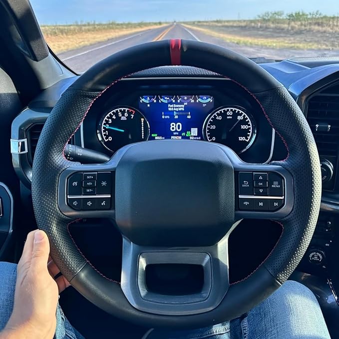 MEWANT DIY Hand Stitch Black Genuine Leather Steering Wheel Cover for Ford F-150 2021-2023 / F-150 Lightning 2022-2023