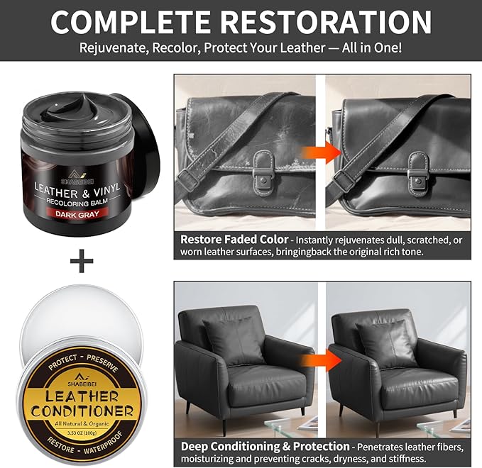 Leather Recoloring Balm with 100ml Mink Oil, Dark Gray Leather Repair Kit and Scratch Remover for Furniture, Car Seats, Sofas, Dye & Restorer for Couches, Vinyl, PU, Faux