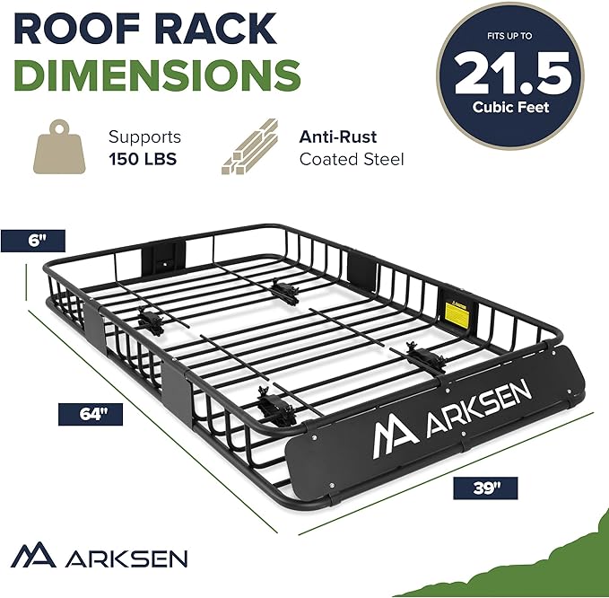 ARKSEN 64 x 39 x 6 Inch Universal 150LB Heavy Duty Roof Rack Cargo with Cargo Net & Ratchet Straps, Car Top Luggage Holder Carrier Basket for SUV, Truck or RV Camping Storage Steel Construction