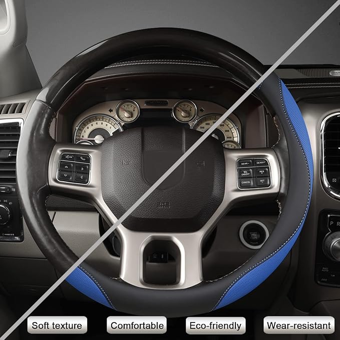 West Llama Customized Auto Car Steering Wheel Cover for Dodge RAM 1500 2500 3500, 15.5-16 inch (Black+Blue-Large Size)