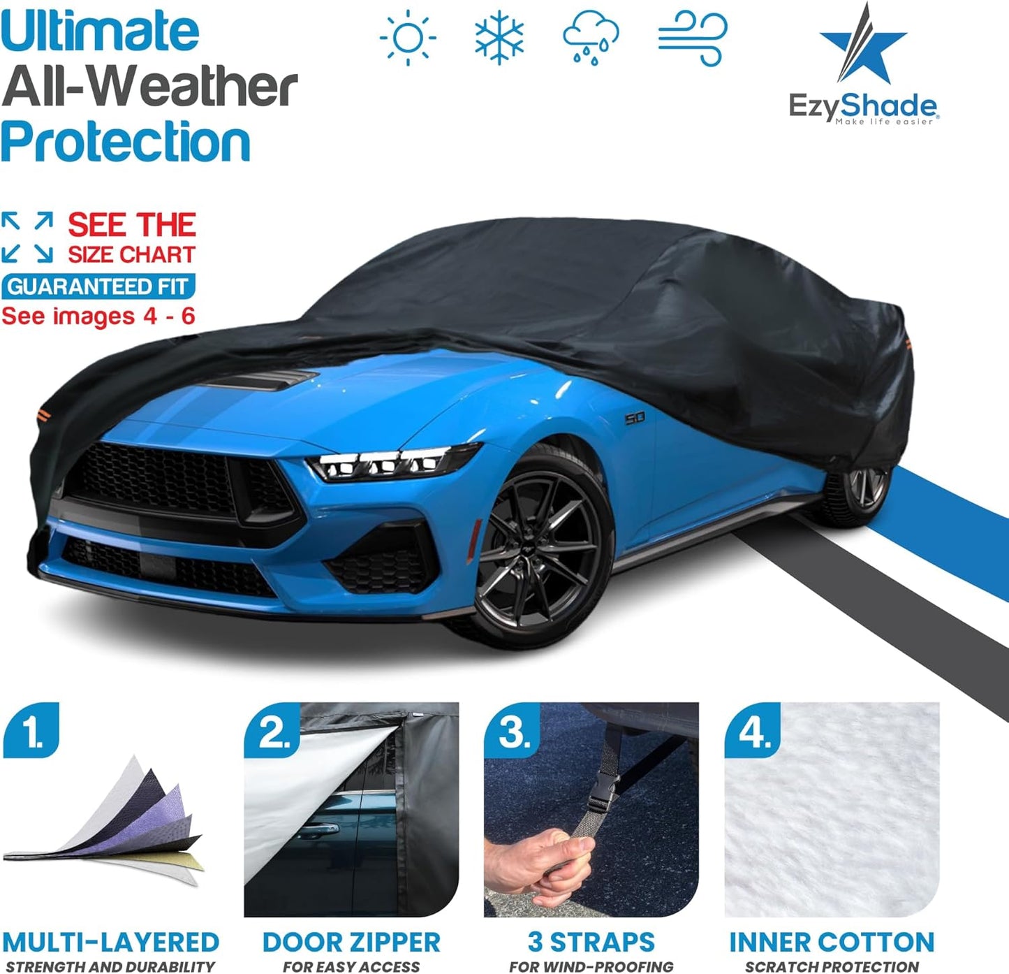 EzyShade 10-Layer Waterproof Sports Car Cover. See Vehicle Size-Chart for Accurate Fit. All Weather Outdoor Covers. Thunderbird Impala Grand Fury. Sun Snow Wind Rain. Black, Size C7 (See SizeChart)