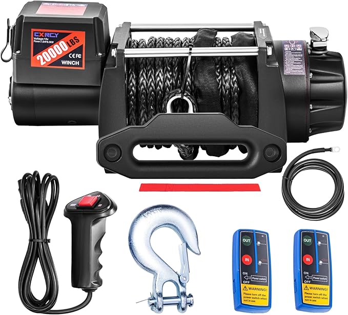 CXRCY 12V Electric Winch,20000LBS Load Capacity Synthetic Rope Towing Winches for Jeep Truck SUV,with Wired Handle and Wireless Remote