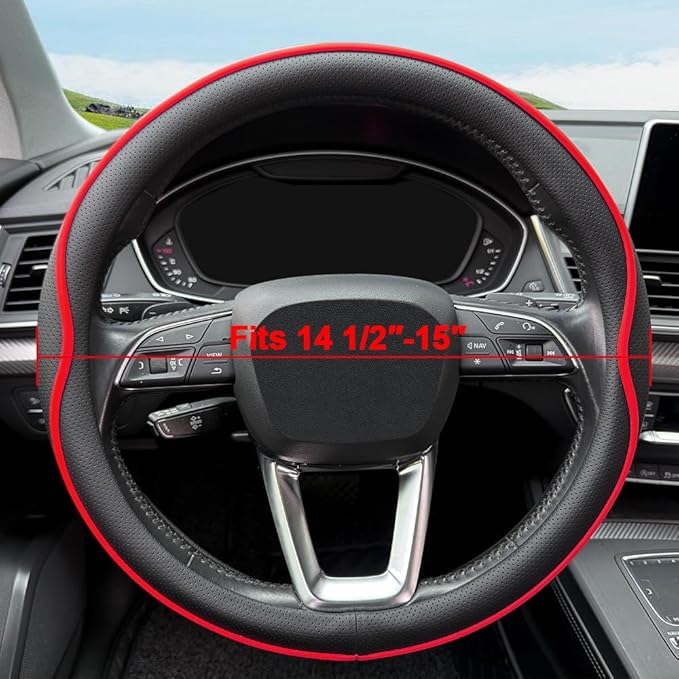 Leather Steering Wheel Cover， with Anti-Slip Stripe Design - Enhanced Grip, Fashion Style, Safe, Non-Slip, Breathable. Upgrade car Interior，Black red