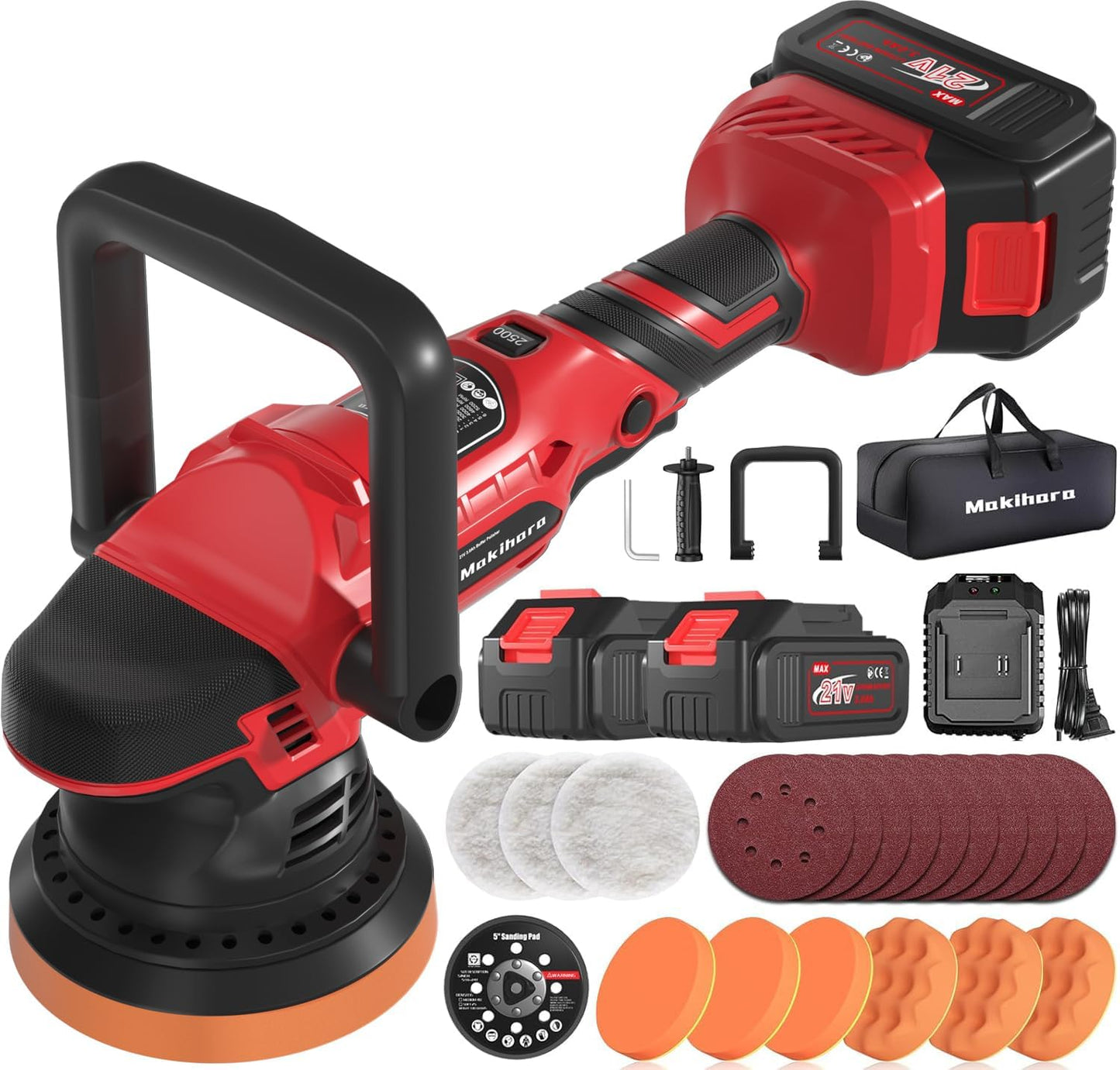 Cordless Buffer Polisher, 5 Inch Random Orbital Car Buffers Waxer and Polishers Kit, 6 Variable Speed 1000-5200 RPM, 21V 3.0Ah Batteries ,for Car Detailing, Waxing, Boat Sanding, Scratch Removing