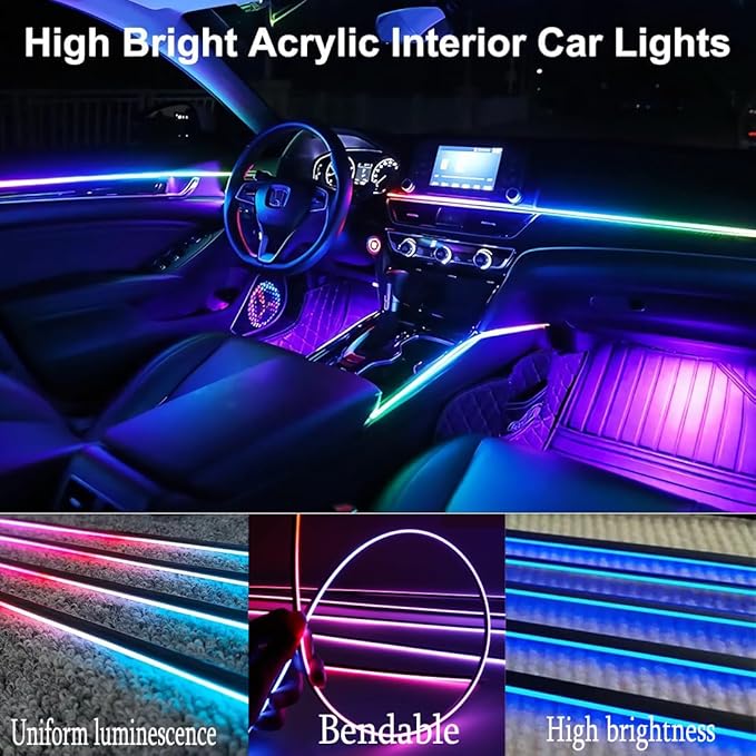 Acrylic Interior Car LED Lights with Remote and Wireless APP 6 in 1,Ambient Lighting Kits Fiber Optic Strip LEDs,16 Million Colors Music&DIY Function