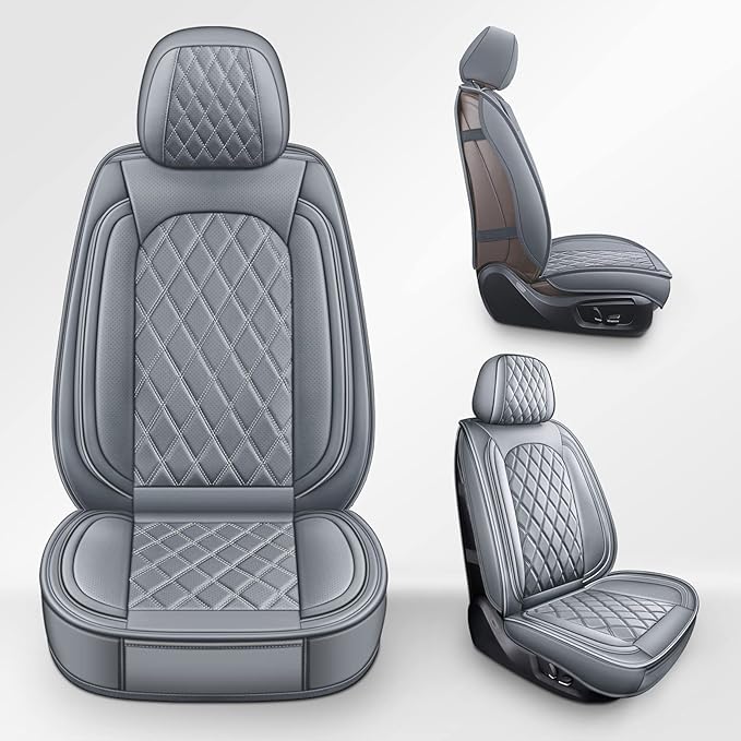 MIROZO Car Seat Covers Full Set - Leather Seat Covers Grey Breathable Vehicle Cushion Cover Fit for Most Sedan, Truck and SUV for Elantra Sonata Sportage CRV Accord Chevy Equinox (Gray)