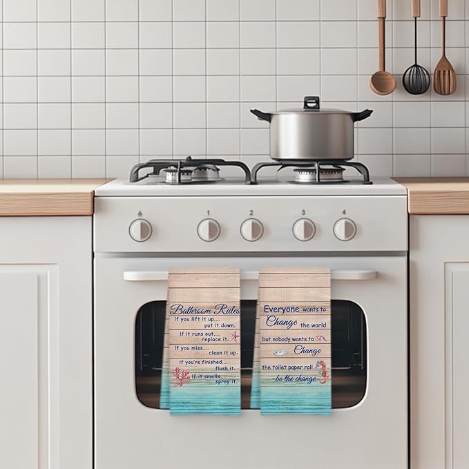 Funny Bathroom Rules Decorative Hand Towels Set of 2, Rustic Farmhouse Hand Towels for Bathroom Decor, 16x24 Inch(Beach Style)