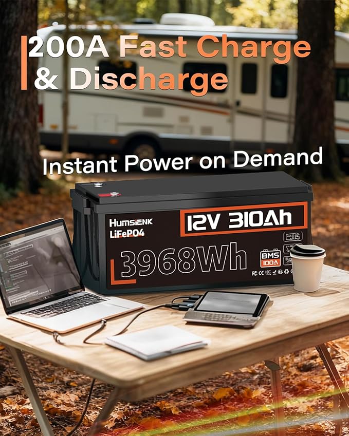 12V 310Ah (300Ah) LiFePO4 Battery - Fast Charge & Discharge with 200A BMS, 15000+ Deep Cycle Lithium Battery with Low-Temp Cutoff, Max. 3968Wh Energy for RVs, Solar Energy Storage, Off Grid