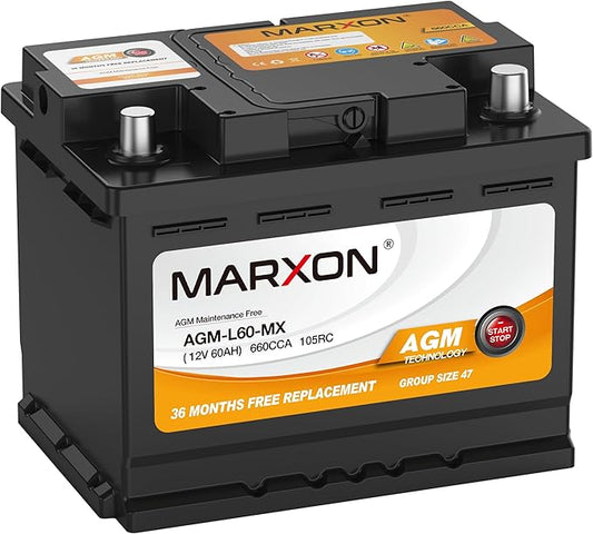 MARXON Group 47 H5 L2 Start and Stop Car Battery 12v 60AH 660CCA AGM BCI47 Maintenance Free Automotive Replacement Batteries