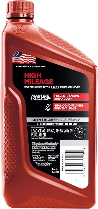 Valvoline High Mileage with MaxLife Technology SAE 20W-50 Synthetic Blend Motor Oil 1 QT, Case of 6