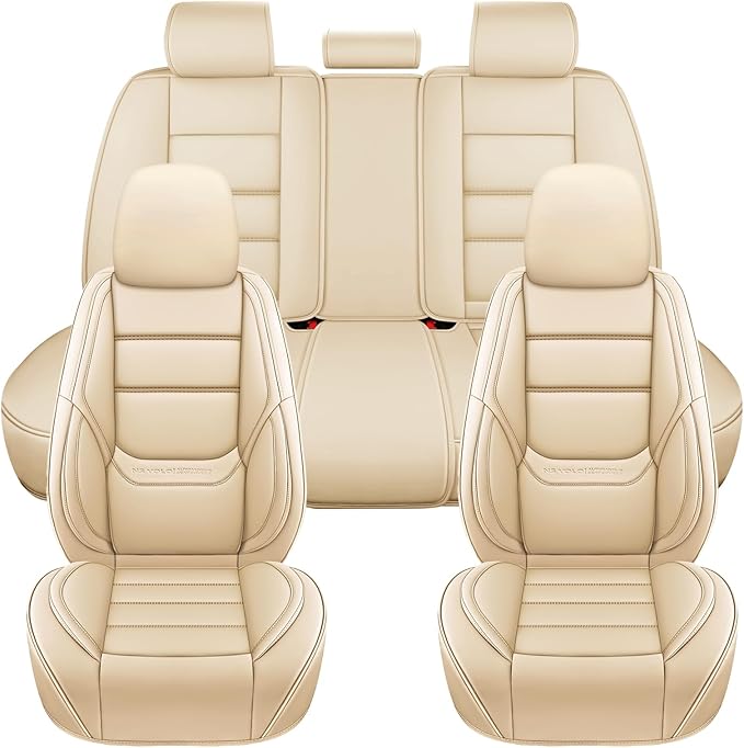 NS YOLO Leather Car Seat Covers Full Set,Universal Fit for Most Cars,SUVs and Sedans,Waterproof Luxury Leatherette Cushions, 5 Car Seat Protectors (Beige, Full Set-5 Seats(Front and Rear))