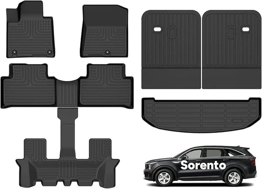 Wayhigh-Floor Mats for 2021-2026 Kia Sorento (not for Hybrid) 6 & 7 Seats TPE Trunk Mat with Backrest Mat All Weather Waterproof Duty Rubber Cargo Liners Floor Mats Kia Sorento 2025 Accessories Black
