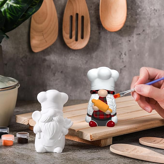 Seenelling 2 Pack Christmas Chef Gnome Ready to Paint Your Own Statues 4'' DIY Unpainted Ceramics Figurines Kit Blank Paintable Ceramics Classroom Art and Crafts Christmas Home Decorations