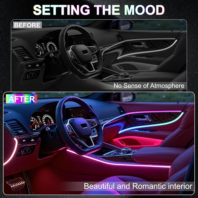 Dreamcolor Acrylic Interior Car LED Strip Lights, 10 in 1 Ambient Lighting Kit with Wireless APP, Dynamic Chasing Music Sync Fiber Optic Lights with DIY Mode, Car Inside Lighting Accessories