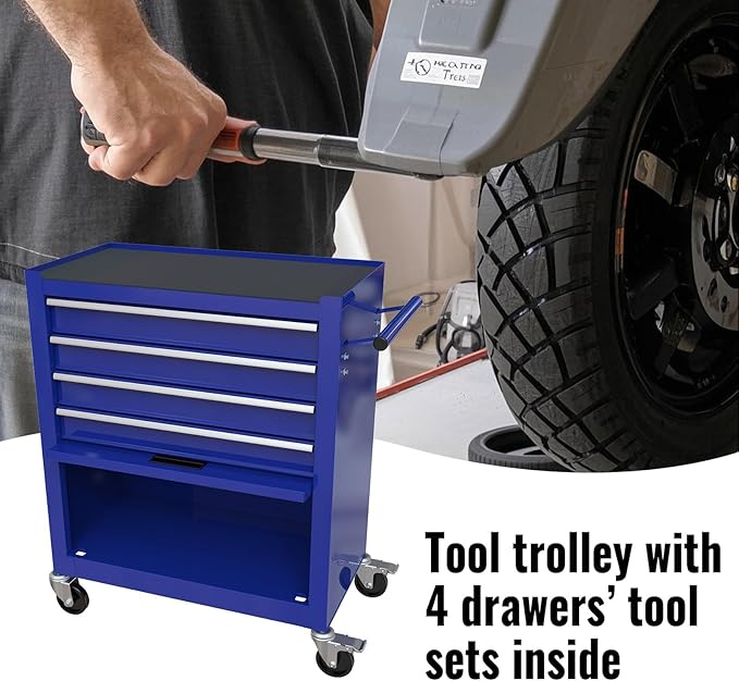 233PCS 4 Drawers Rolling Tool Box with Tool Sets, Heavy Duty Steel Garage Storage Cabinet with Lockable Wheels, Mechanic Organizer for Home, Auto, Workshop, Warehouse, Blue