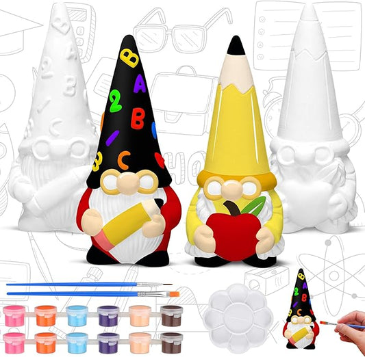 Seenelling 2 Sets Ready to Paint Your Own Gnome School Gnome Ceramics to Paint Teacher Appreciation Gifts 4'' Unpainted Ceramic Figurine Kit for Teacher DIY Art Crafts Office Desk Home Table Decor