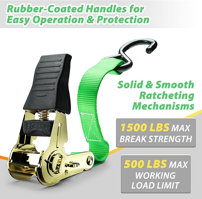 Ratchet Tie Down Strap 8-Pack 15 Ft - 500 lbs Load Cap with 1500 lbs Breaking Limit, Ohuhu Ratchet Tie Downs Logistic Cargo Straps for Moving Appliances, Motorcycle, Green