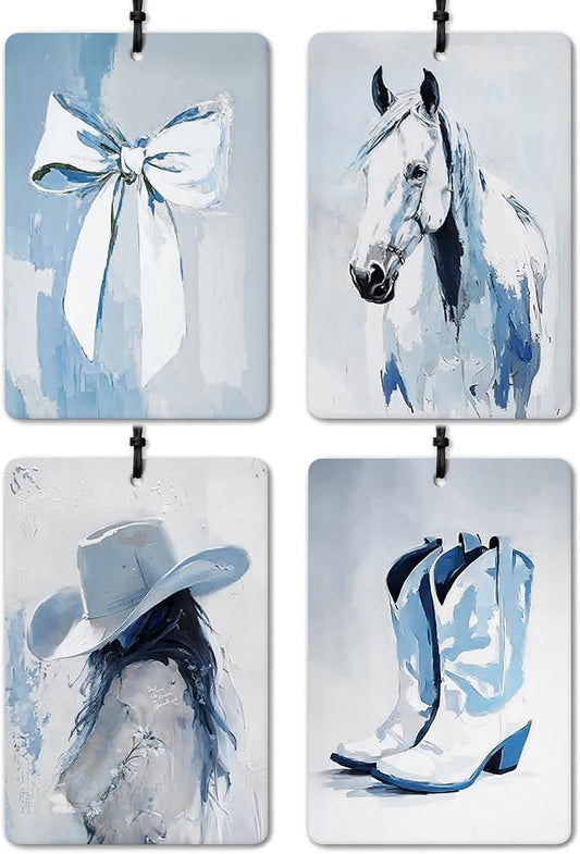 Trendy Western Cowgirl Car Air Freshener 4 Pcs, Retro Horse Cowgirl Boots Bow Hanging Air Freshener for Cars Closet Drawer Books Bathroom, Girly Car Accessories Mirror Decor for Women（Blue)