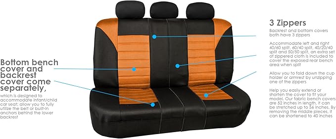 FH Group Automotive Car Seat Covers Full Set Premium 3D Air Mesh Front Seat Covers, Airbag Compatible & Split Bench Cover Universal Fit Interior Accessories for Cars Trucks and SUVs - Orange