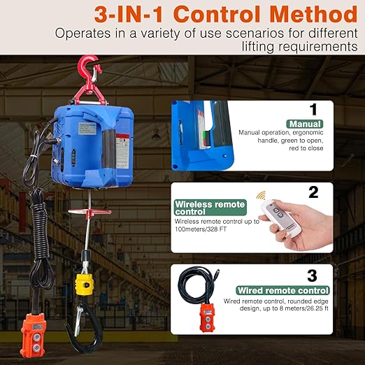 3 in 1 Electric Hoist Winch,1100LB 1500W Portable Power Winch Crane,110V/120V Electric Winch Crane with Manual Wire Wireless Remote Control,26FT Lifting Height,for Towing,Warehouse,Factories