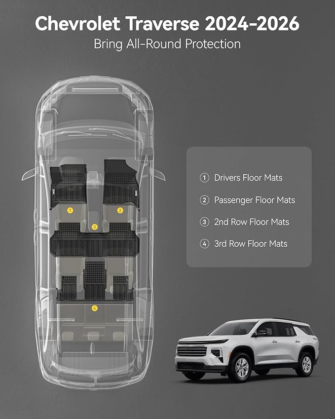 3W Floor Mats for Chevy Traverse 2024-2026 (Only 7 Seats) & GMC Acadia 2024-2026 (Only 7 Seats) & Buick Enclave 2025-2026, All Weather TPE Custom Fit Floor Liners