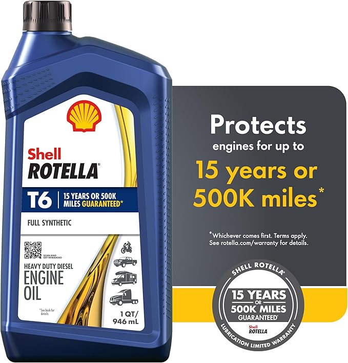 Shell Rotella T6 Full Synthetic 5W-40 Motor Oil, 1 Quart (6 Pack)