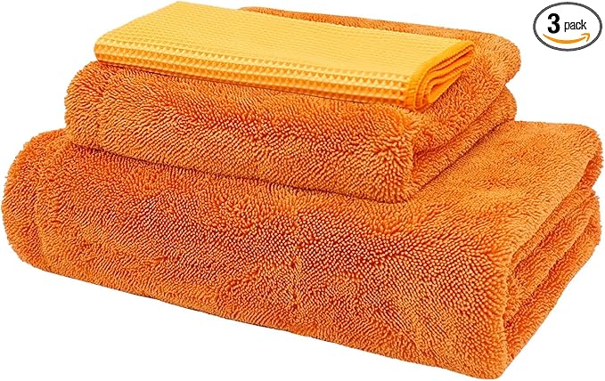YeewayVeh 3 Pack Car Drying Towel, 24" x 36" Double Twisted Loop Car Drying Towels Extra Large, 16" x 16" Edgeless Microfiber Drying Towel and Absorbent Waffle Weave Towels for Cars Truck SUV, Orange