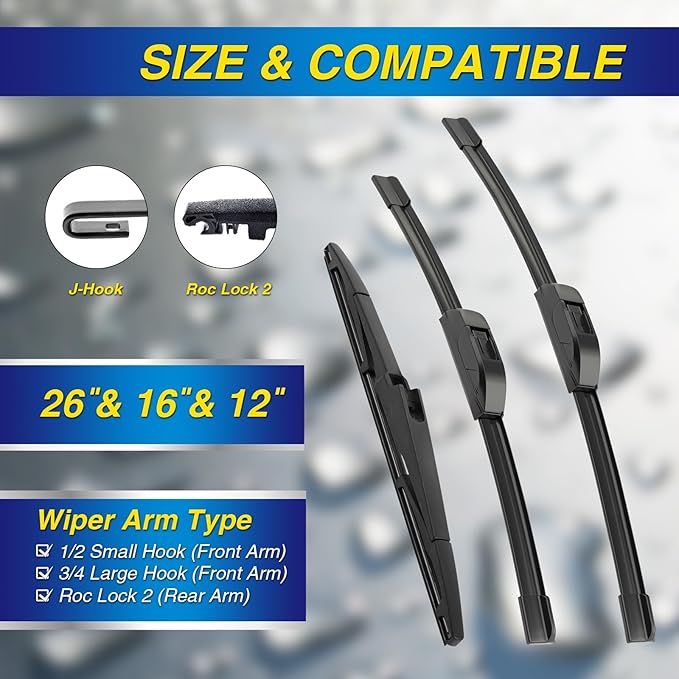 5 PLUS® Windshield Wipers Replacement for KIA Sorento 2016-2020 / HYUNDAI Santa Fe 2019-2023,Silicone Water Repellent Wiper Blades-26"/16"/12"(Set of 3), OEM Fit, All-Season