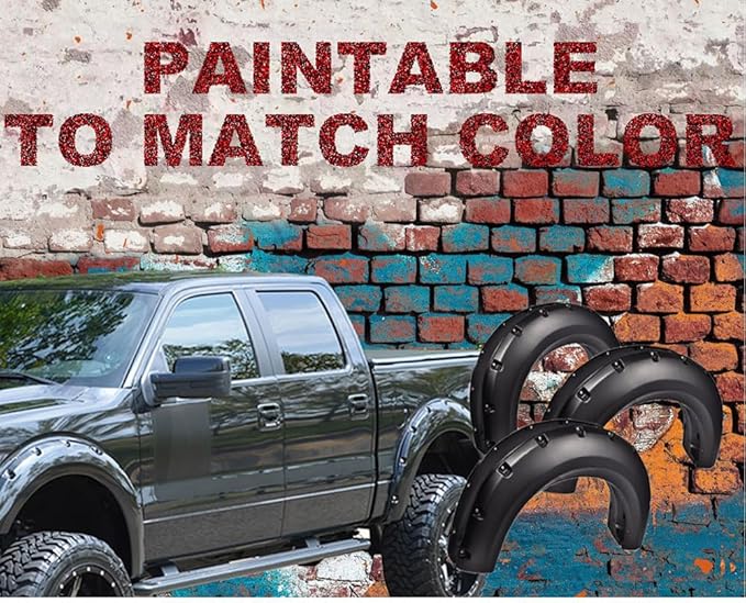 CHEDA Fender Flares,Compatible with 2009-2014 Ford F150, Paintable Riveted Smooth Matte Black Pocket Style 4Pcs Wheel Flares Set