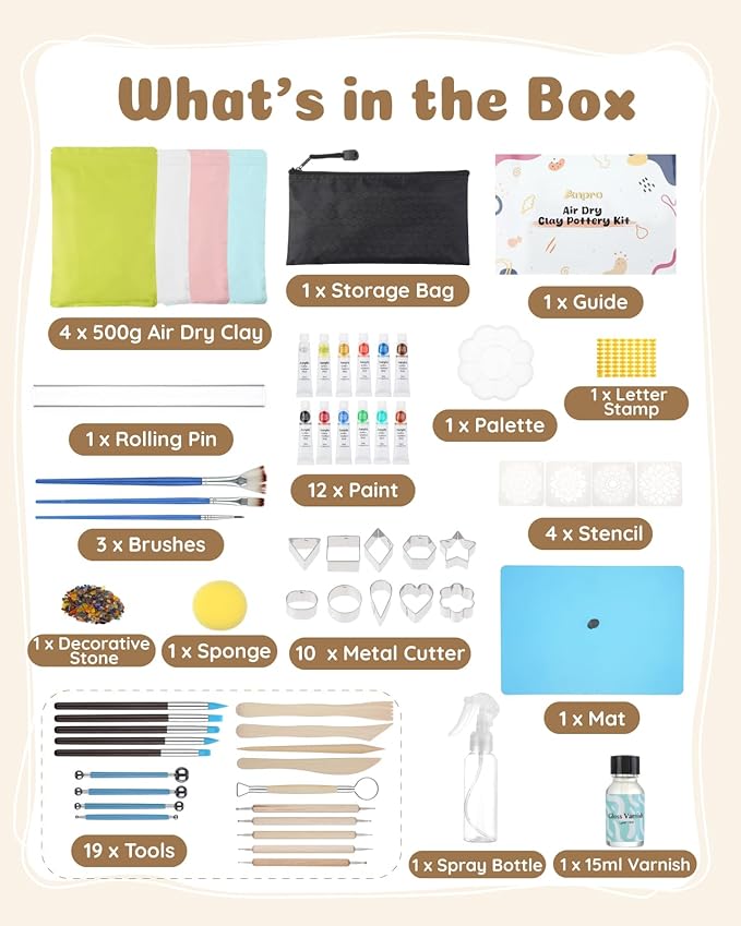 Air Dry Clay for Adults, Air-Dry Clay Starter Kit for Beginners Clay Kit, Includes Air-Dry Clay, 19 Clay Tools Kit, 12 Paints, 26 Letter DIY Clay Cutters, Varnish, Guide, Colored Rocks