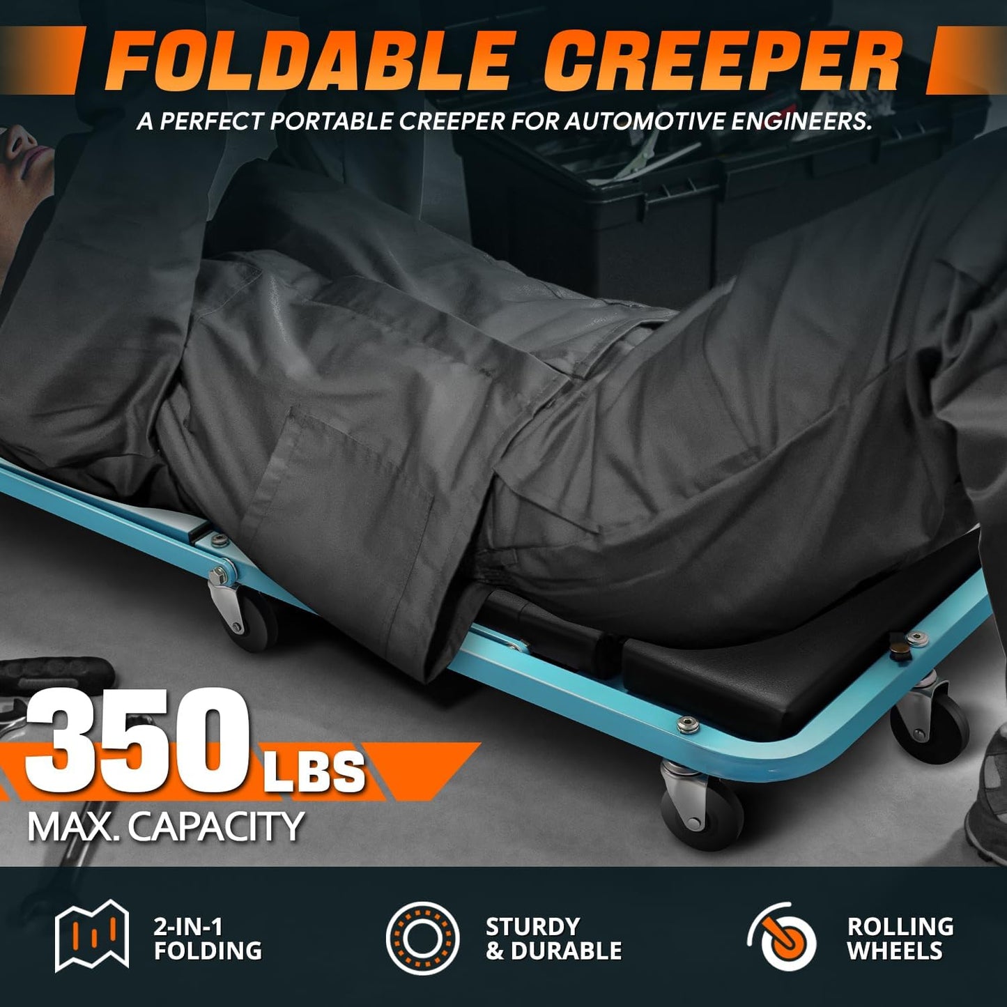 DNA MOTORING 48" 2 IN 1 Folding Rolling Garage Shop Creeper Roller Seat, 7 Pcs 2" Casters, 350 Lbs Weight Capacity, Tiffany Blue, TOOLS-00193-TB