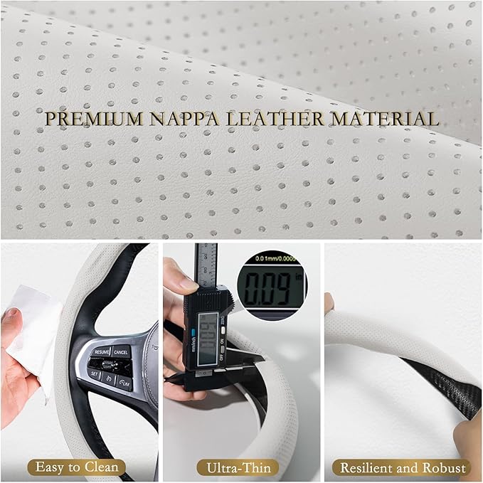 Aimato Nappa Leather Steering Wheel Cover, Ultra-Thin Car Steering Wheel Cover,Comfortable & Breathable Microfiber,Universal Fit for Most Cars,White