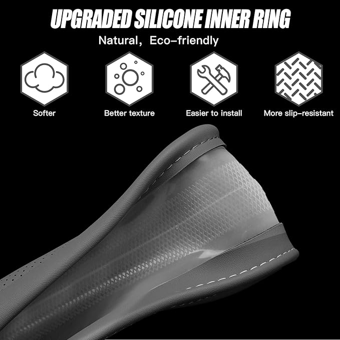 Genuine Leather Steering Wheel Cover for Men Women with Upgraded Silicone Inner Ring, Thin, Non-Slip, Breathable, Odorless, Universal 14.5-15 Inch (Pure Grey, Genuine Leather)