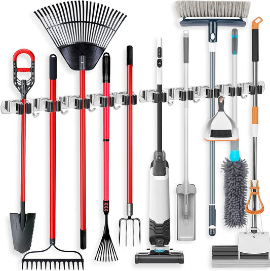 IMILLET 2 Pack Wall Mount Broom Holder Stainless Steel 5 Racks with 4 Hooks Broom Organizer Self Adhesive Heavy Duty Laundry Room, Garage Organization Storage