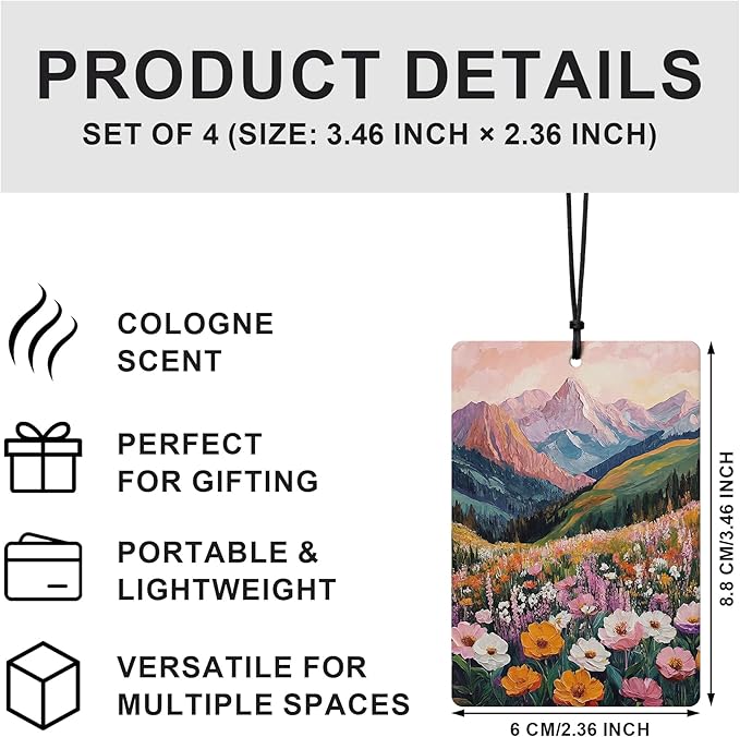 Maximalist Boho Floral Mountain Car Air Freshener 4 Pcs, Boho Abstract Eclectic Flower Hanging Air Freshener for Cars Closet Drawer Books, Cute Flower Car Accessories for Women