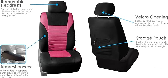 FH Group Automotive Car Seat Covers Full Set Premium 3D Air Mesh Front Seat Covers, Airbag Compatible & Split Bench Cover Universal Fit Interior Accessories for Cars Trucks and SUVs - Pink