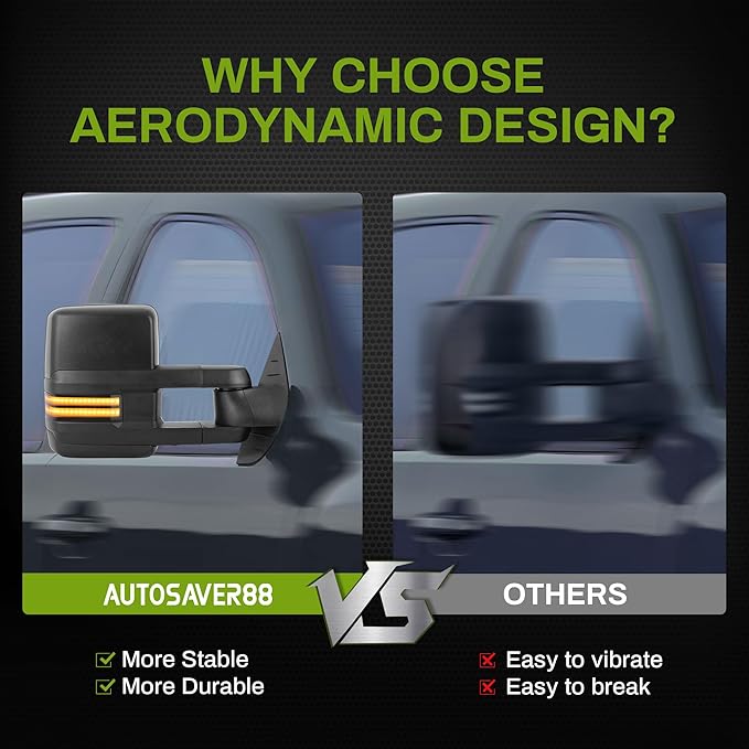 AUTOSAVER88 Towing Mirror Compatible with 2007-2014 Silverado Sierra 1500 2500 3500 HD/Avalanche/Suburban, Power Heated Switchback LED Turn Signal Light (Black inside) Manual Telescoping Folding