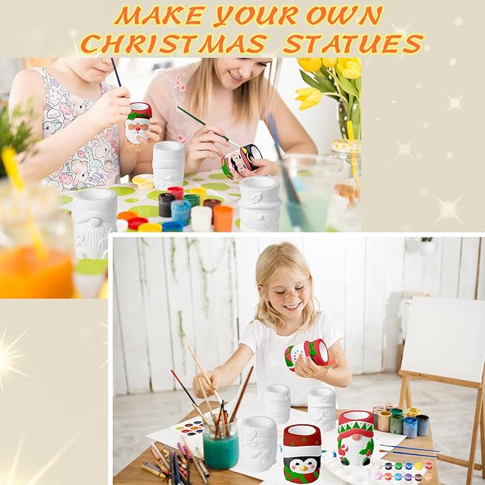 6 Pcs Christmas Ceramics Succulent Planters - Ready to Paint Your Own Garden Statues, DIY Paintable Ceramics Figurines Kit Crafts with Brush Palette for Adults Boys Girls (4.3 inch)