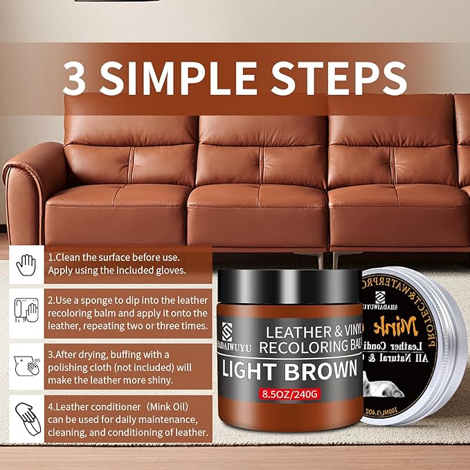 8.5oz Leather Recoloring Balm with 100ml Mink Oil,Light Brown Leather Repair kit for Furniture and Car Interior,Leather Couch Scratch Repair,Leather Dye Paint,Mink Oil for Leather