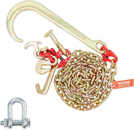 VEVOR J Hook Chain, 5/16" x 6' G80 15" Long Shank J Hook Tow Chain with RTJ Cluster Hook & Grab Hook, 5400 lbs Safe Working Load, Heavy Duty Transport Truck Chain for Wrecker Recovery Trailer Towing