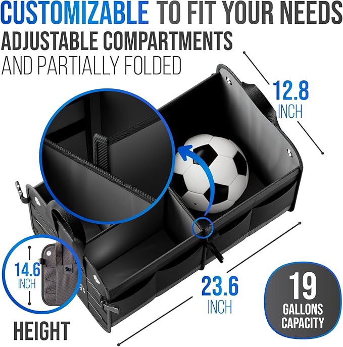 Car Trunk Organizer – Large Collapsible Storage Box with Adjustable Compartments – Heavy-Duty Cargo Organizer for SUV, Truck & Car – Non-Slip Waterproof Trunk Storage Bin for Groceries & Tools