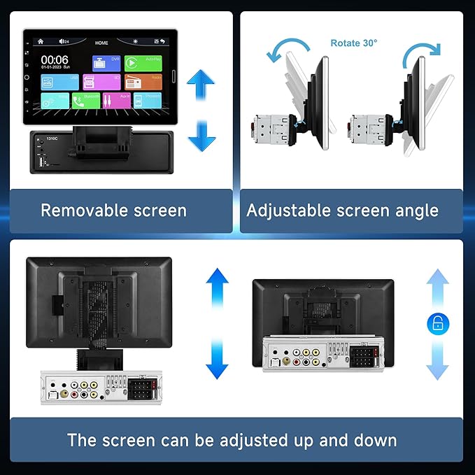 10.1 inch Single Din Car Stereo CarPlay Android Auto Mirror Link, Rimoody Detachable Touch Screen Car Radio with BT 5.0 FM/EQ USB/AUX/TF/SWC/MIC Car Audio Receiver Backup Camera