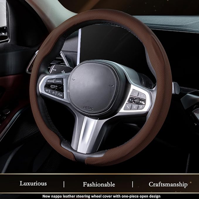 Aimato Nappa Leather Steering Wheel Cover, Ultra-Thin Car Steering Wheel Cover,Comfortable & Breathable Microfiber,Universal Fit for Most Cars,Brown