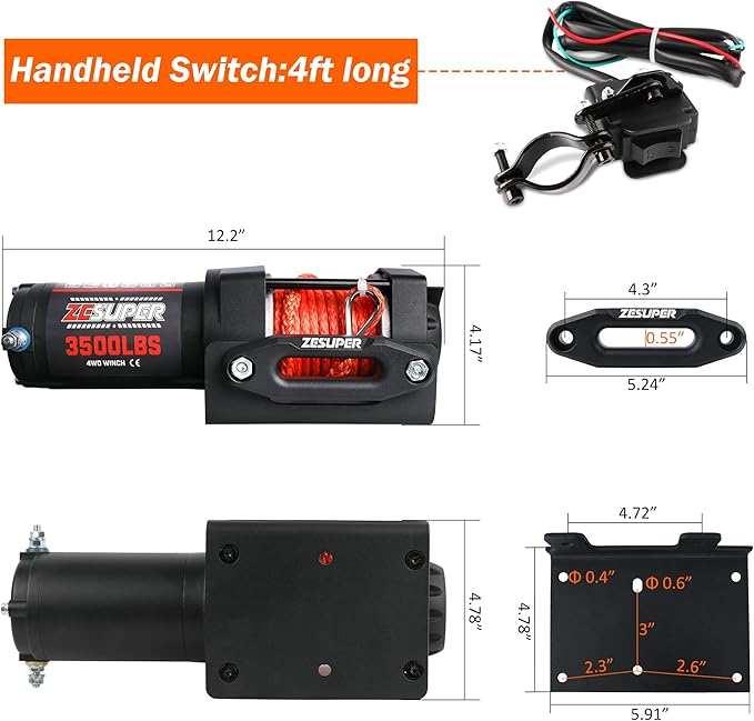 ZESUPER 3500 lb 12V DC Electric Winch 30 ft Synthetic Rope UTV ATV Boat Trailer Winches Off Road Waterproof Towing Winch Kits with Wireless Remote Mounting Plate