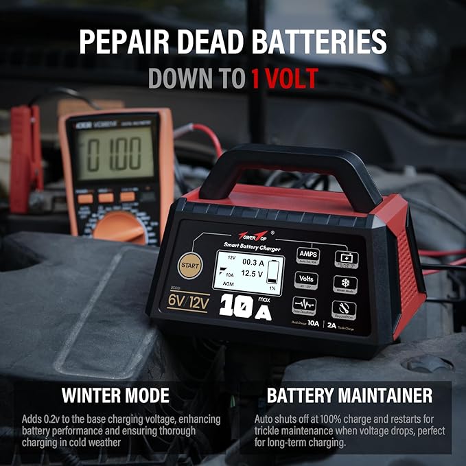 TowerTop Smart Car Battery Charger: 10A Battery Chargers 6V/12V Boat Battery Chargers with Auto Repair, Desulfator, Maintainer, Winter Mode, Suitable for AGM, Lithium (LiFePO4), Deep-Cycle Batteries