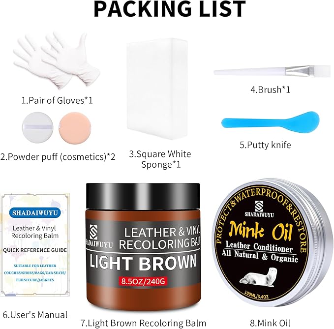 8.5oz Leather Recoloring Balm with 100ml Mink Oil,Light Brown Leather Repair kit for Furniture and Car Interior,Leather Couch Scratch Repair,Leather Dye Paint,Mink Oil for Leather