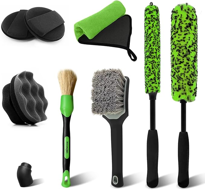 YeewayVeh 8PCS Wheel Brush Kit, Bendable Wheel Rim Cleaner Brush for All Wheel Spokes, Wheel Cleaning Brush Kit with Tire Brush, Rim Brush, Car Detailing Brush and Tire Shine Applicator, Green