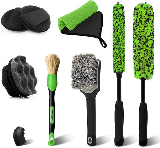 YeewayVeh 8PCS Wheel Brush Kit, Bendable Wheel Rim Cleaner Brush for All Wheel Spokes, Wheel Cleaning Brush Kit with Tire Brush, Rim Brush, Car Detailing Brush and Tire Shine Applicator, Green